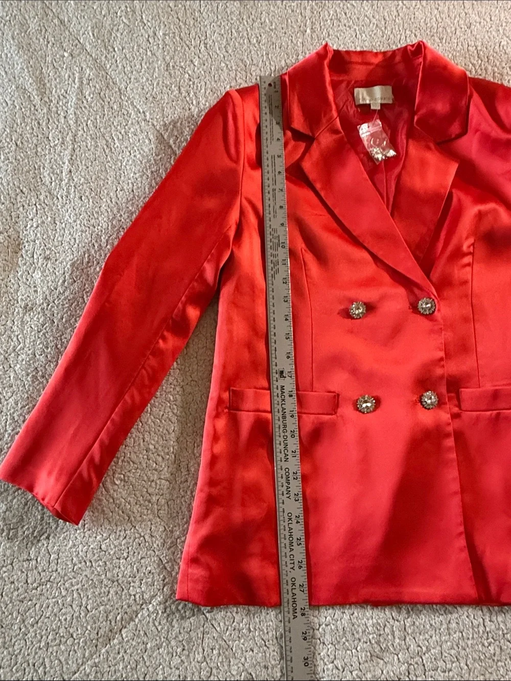 Flying Tomato Coral-Red Double-Breasted Blazer with Rhinestone Buttons Small